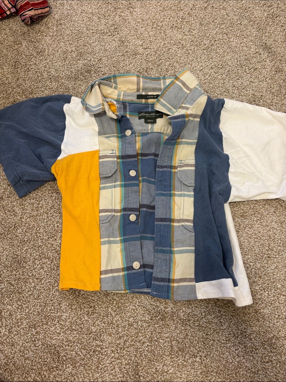 Eddie Bauer Colorblock Plaid Short-Sleeve Shirt in Navy, Mustard & Cream